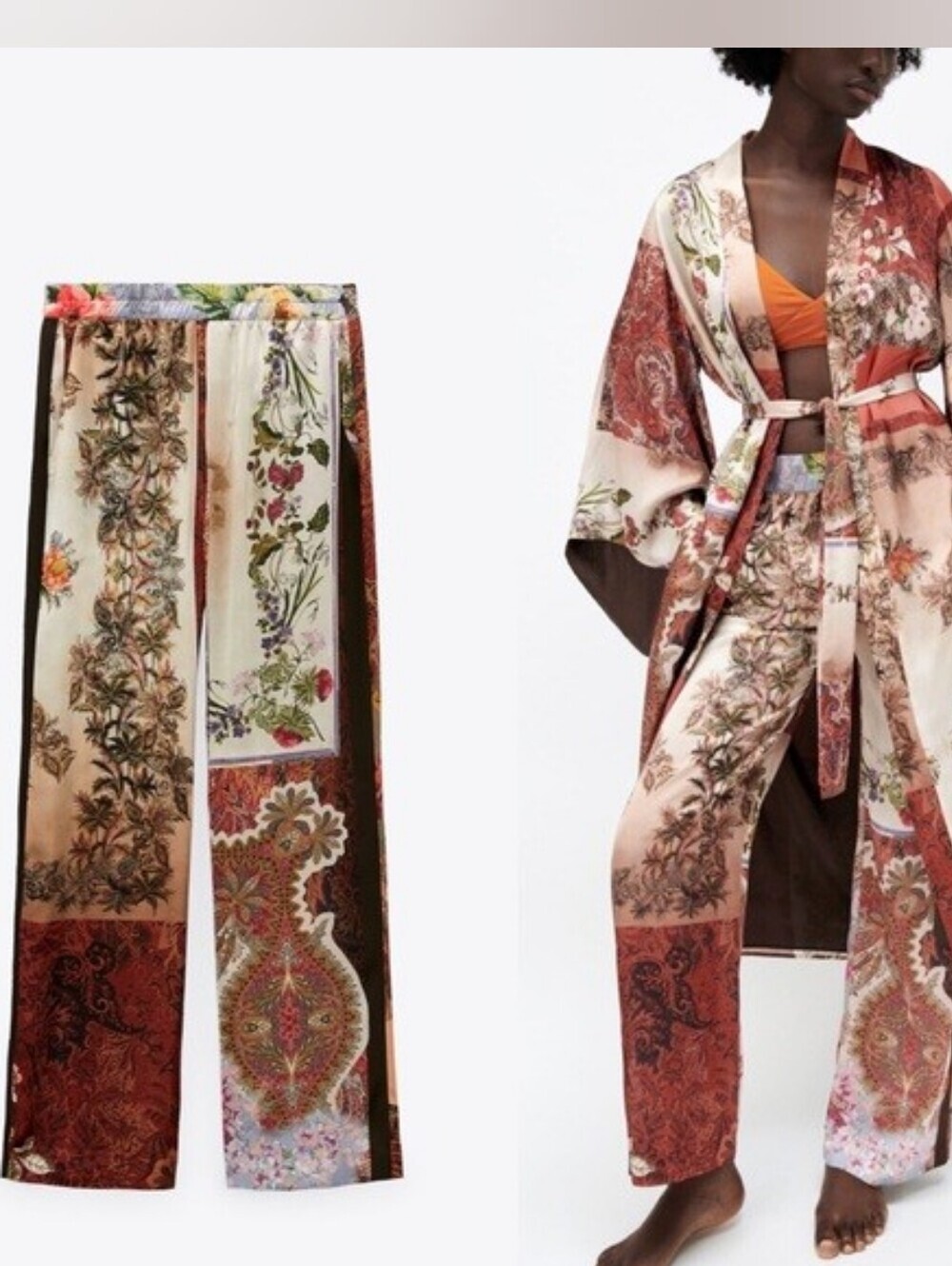 Zara Patchwork Satin Wide Leg Pants 2XL • Boho Floral Paisley Statement Trousers
